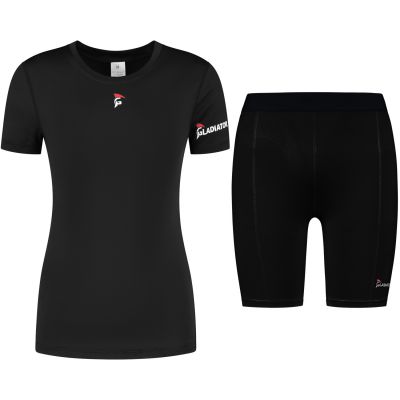 gladiator sports package compression short and shirt womens in black front view